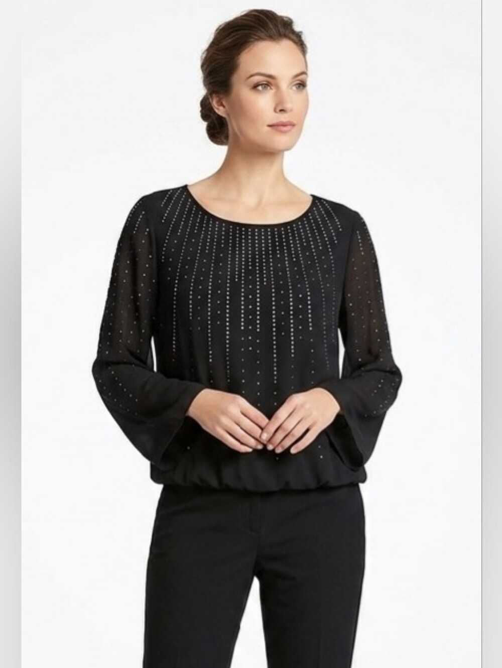 NWT Alfani Black Long-Sleeve Studded Blouse Size LP